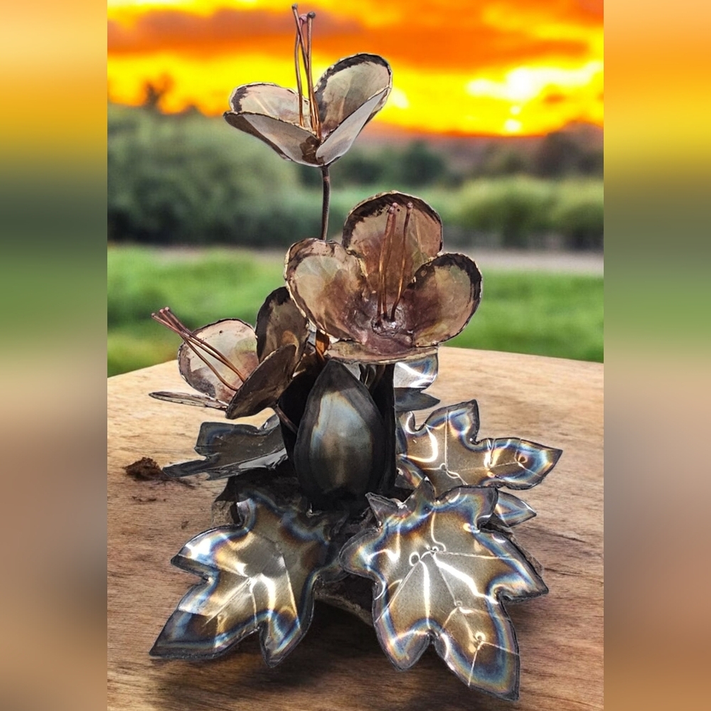 Artisan Signed Brutalist Torched Copper Metal Sculpture Flame Painted Patina